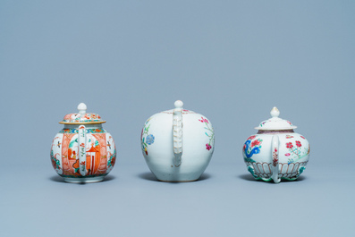 Two Chinese famille rose teapots and one Dutch-decorated teapot, Kangxi/Qianlong