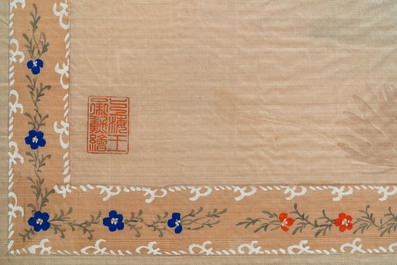 Chinese school, ink and colour on textile, 19/20th C.: 'Birds and ducks near blossoming branches'