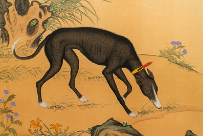 Chinese school, after Lang Shining, ink and colour on silk, 19/20th C.: 'Portrait of a dog'