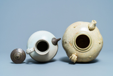 A Chinese celadon-glazed 'Jue' ewer, a qingbai-glazed wine ewer and a storage vessel, Song/Yuan