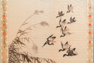 Chinese school, ink and colour on textile, 19/20th C.: 'Birds and ducks near blossoming branches'