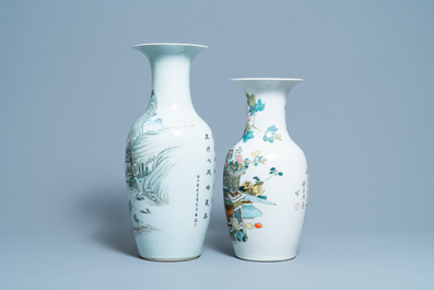 Un vase en porcelaine de Chine qianjiang cai &agrave; d&eacute;cor d'un paysage et un aux antiquit&eacute;s, 19/20&egrave;me