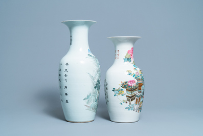 Un vase en porcelaine de Chine qianjiang cai &agrave; d&eacute;cor d'un paysage et un aux antiquit&eacute;s, 19/20&egrave;me