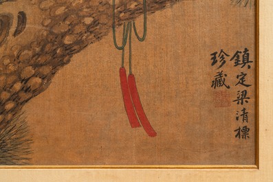 Chinese school, ink and colours on silk, 17/18th C.: 'A hunting falcon'