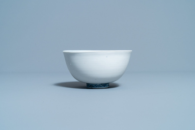 A rare Chinese blue and white 'mandarin ducks' bowl with matte-glazed exterior, Fu mark, Ming