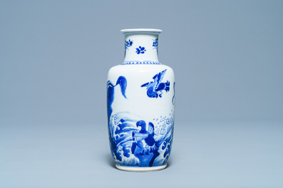 A Chinese blue and white rouleau vase with qilins, Kangxi