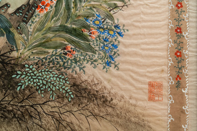 Chinese school, ink and colour on textile, 19/20th C.: 'Birds and ducks near blossoming branches'