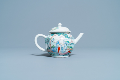 A Chinese famille rose 'erotical subject' teapot and cover, Yongzheng