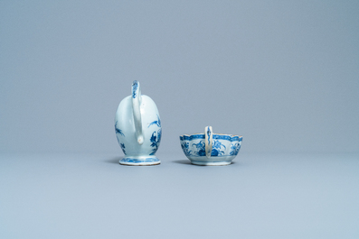 Two Chinese blue and white sauceboats on stands, Qianlong