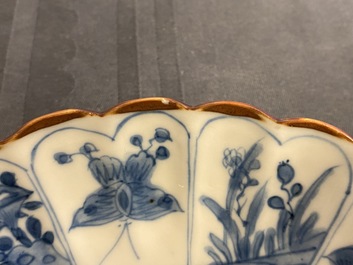 Six Chinese blue and white lobed plates with ducks and butterflies, Kangxi