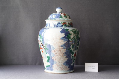 A large Chinese wucai vase and cover, Transitional period