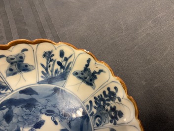 Six Chinese blue and white lobed plates with ducks and butterflies, Kangxi