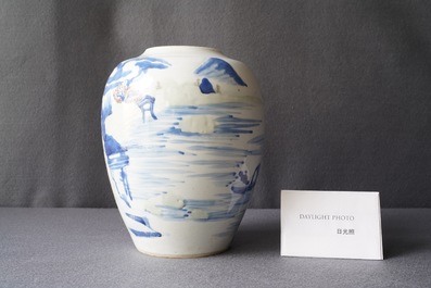 A Chinese blue, white, celadon and copper red vase with a landscape, Kangxi