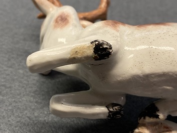 A pair of porcelain models of deer, probably Chelsea, England, 18th C.