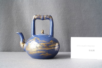 A Chinese gilt-decorated blue-ground teapot and cover, Qianlong mark and of the period