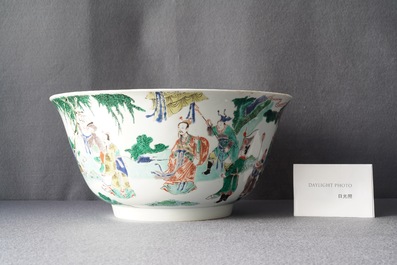 A large Chinese famille verte bowl with figurative design, Kangxi