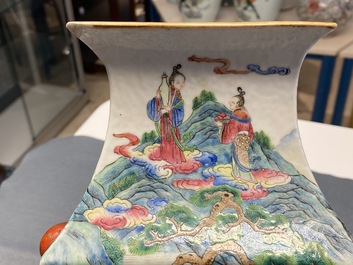 A square Chinese famille rose 'immortals' vase, 19th C.