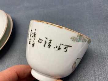 Une th&eacute;i&egrave;re et deux tasses et soucoupes en porcelaine de Chine qianjiang cai, 19/20&egrave;me