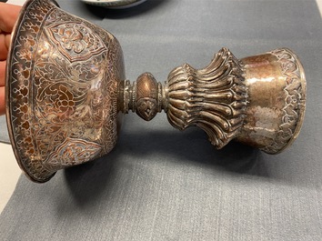 A pair of Tibetan silvered copper alloy altar bowls, 19/20th C.