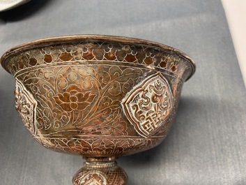 A pair of Tibetan silvered copper alloy altar bowls, 19/20th C.