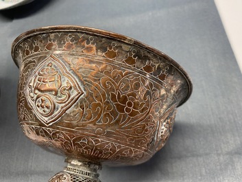 A pair of Tibetan silvered copper alloy altar bowls, 19/20th C.