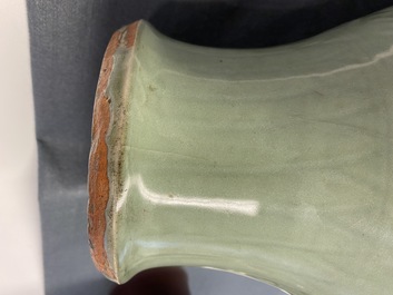 Een Chinese Longquan celadon 'meiping' vaas met reli&euml;fdecor van 'Drie vrienden van de winter', Ming