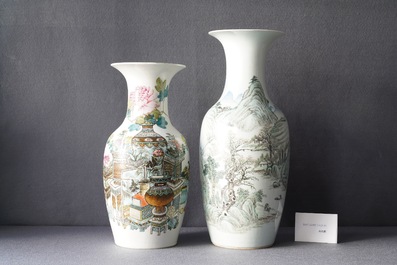 Un vase en porcelaine de Chine qianjiang cai &agrave; d&eacute;cor d'un paysage et un aux antiquit&eacute;s, 19/20&egrave;me