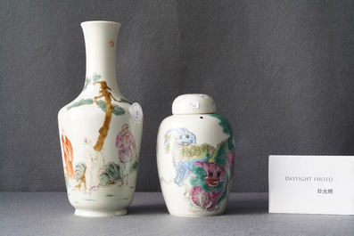 A Chinese famille rose vase and a covered jar with Buddhist lions, 19/20th C.