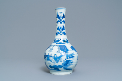 A Chinese blue and white bottle vase with figures in a landscape, Transitional period