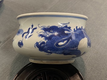 A Chinese blue and white 'dragon and phoenix' censer, Kangxi