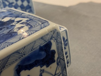 A pair of Chinese blue and white square vases and covers, Kangxi