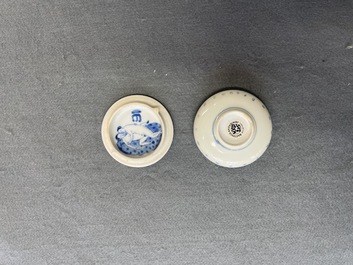 A rare Chinese blue and white 'erotical subject' box and cover, Kangxi