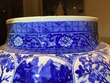 A massive Chinese blue and white vase with floral and landscape panels, Kangxi