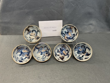 Six Chinese doucai 'dragon' cups and saucers, Kangxi