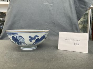 A Chinese blue and white 'Eight horses of Mu Wang' bowl, Jiajing mark, Kangxi