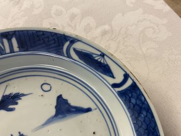 Three Chinese blue, white, copper red and wucai ko-sometsuke plates for the Japanese market, Tianqi/Chongzhen