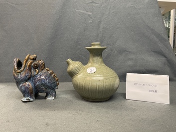 A Chinese celadon-glazed kendi and a Shiwan flamb&eacute;-glazed beast-shaped censer, 18/19th C.