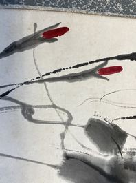 Qi Baishi (1864 - 1957), inkt en kleur op papier, als scroll gemonteerd: 'Klimmende winde'
