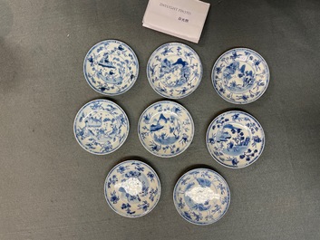 Six Chinese blue and white cups and eight saucers with horseriders, Kangxi