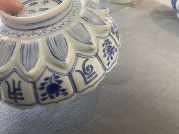 A Chinese blue and white lotus-molded dish, Kangxi mark and of the period