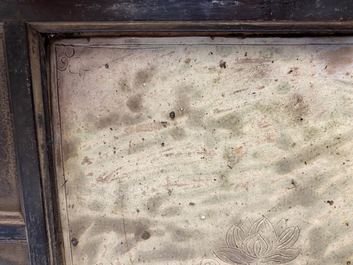 A Chinese square fahua 'Immortals' plaque mounted in a wooden table screen, Ming