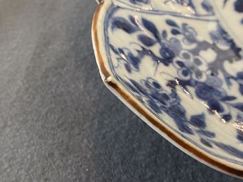 A rare Chinese blue and white lotus-shaped 'leopard' dish, Kangxi