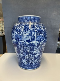 A massive Chinese blue and white vase with floral and landscape panels, Kangxi