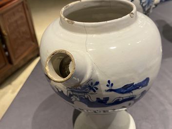 Three blue and white Dutch Delft, Nevers and Rouen wet drug jars and four jugs, 17/18th C.