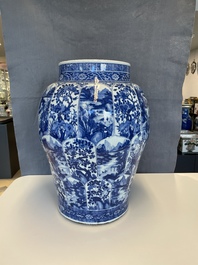 A massive Chinese blue and white vase with floral and landscape panels, Kangxi