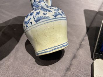 Three blue and white Dutch Delft, Nevers and Rouen wet drug jars and four jugs, 17/18th C.