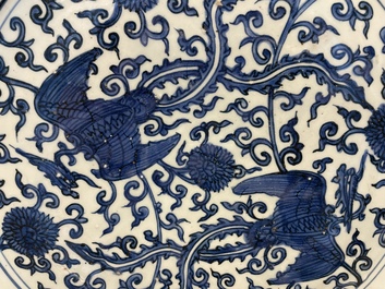 A large Chinese blue and white 'two phoenixes' dish, Jiajing