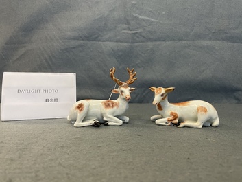 A pair of porcelain models of deer, probably Chelsea, England, 18th C.