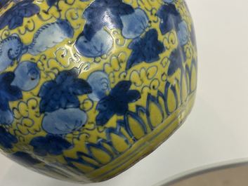 A Chinese blue and white yellow-ground vase with squirrels among gourds, Wanli