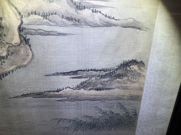 Ecole chinoise, encre et couleurs sur soie, 18/19&egrave;me: 'Buveurs de th&eacute; sur une fleuve'